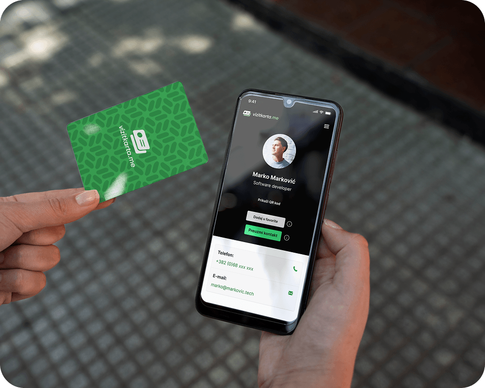 Vizitkarta.me NFC card and digital profile displayed on a phone