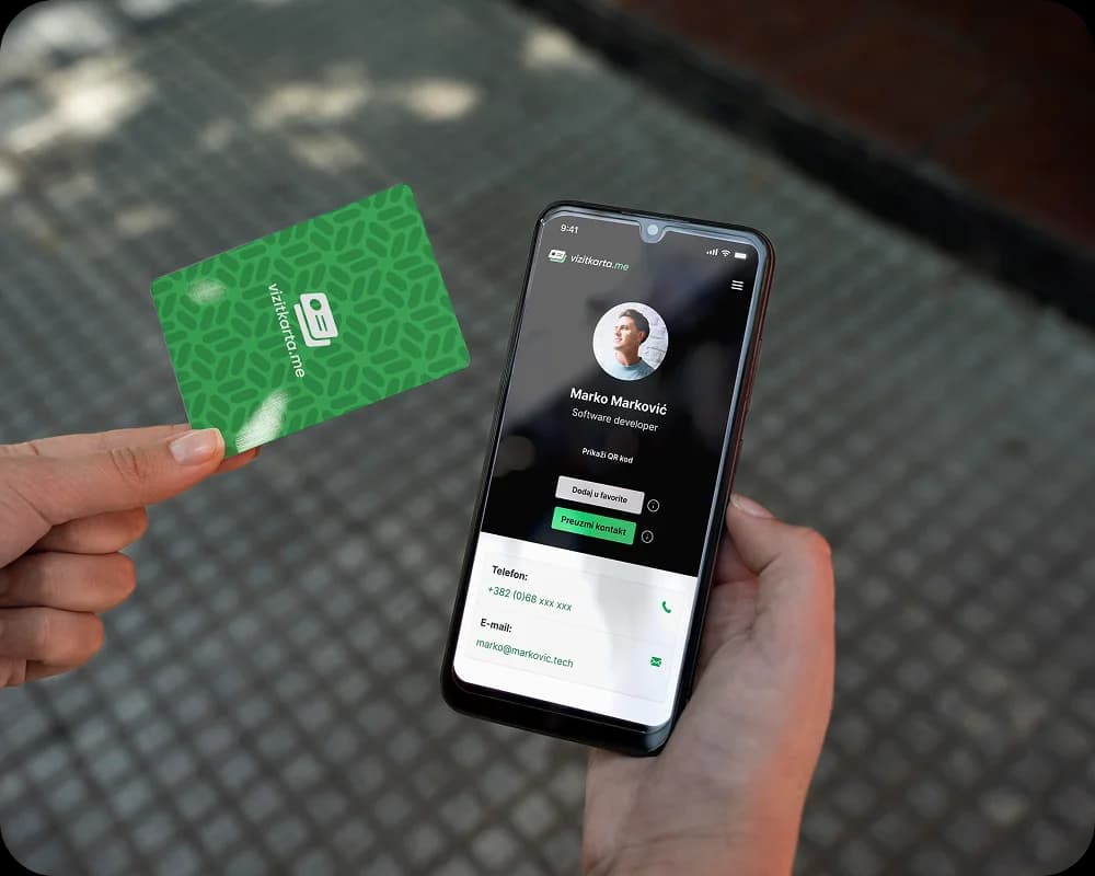 Vizitkarta.me NFC card and digital profile displayed on a phone